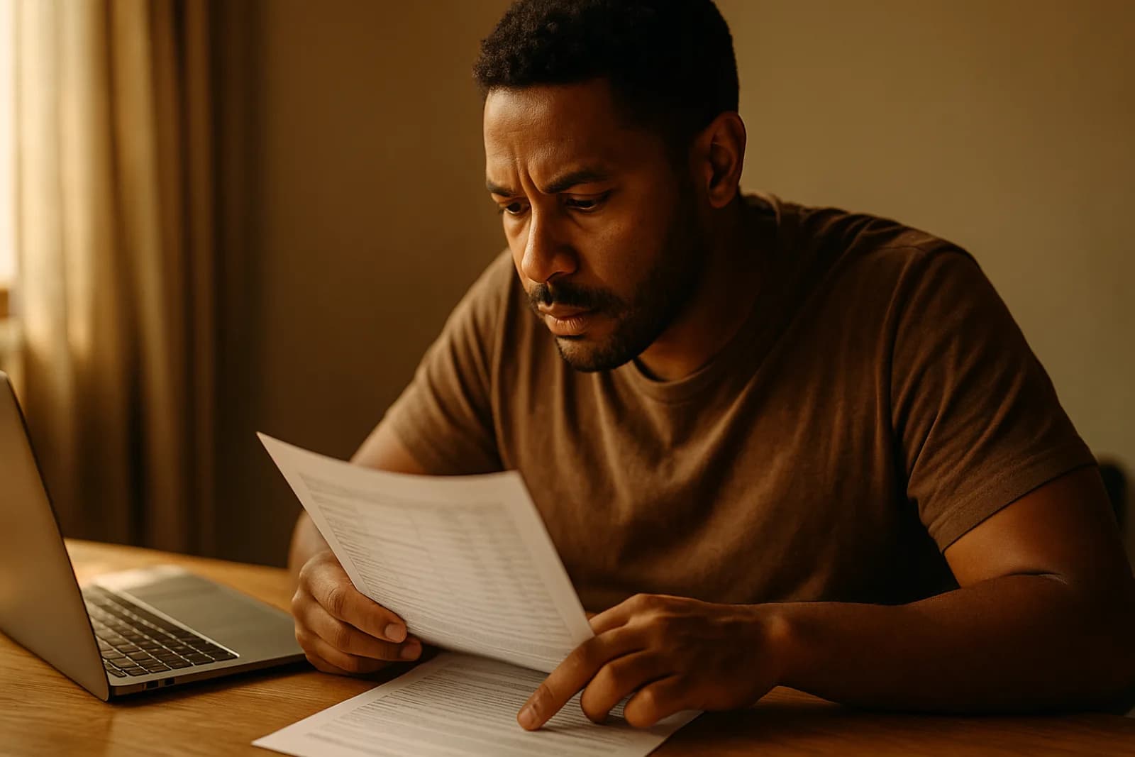Man at a desk reading a printed credit report closely, laptop open beside him