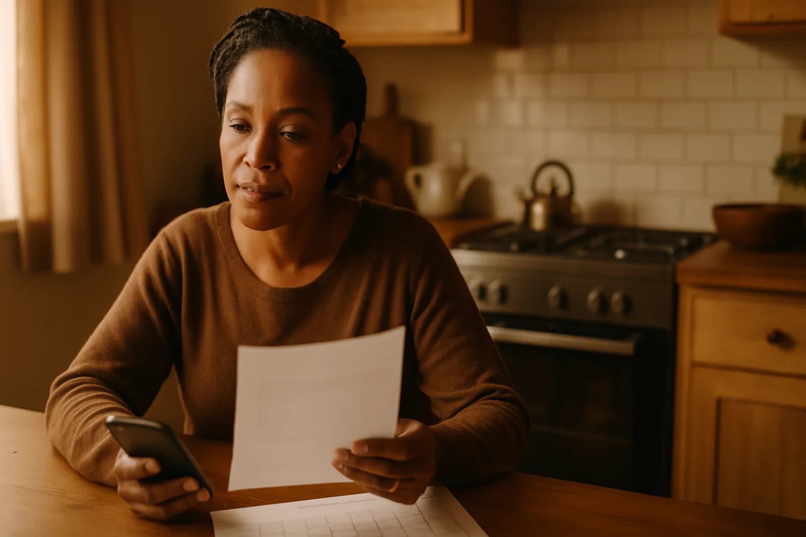 Woman at her kitchen table reading a statement with her phone in hand, warm evening light
