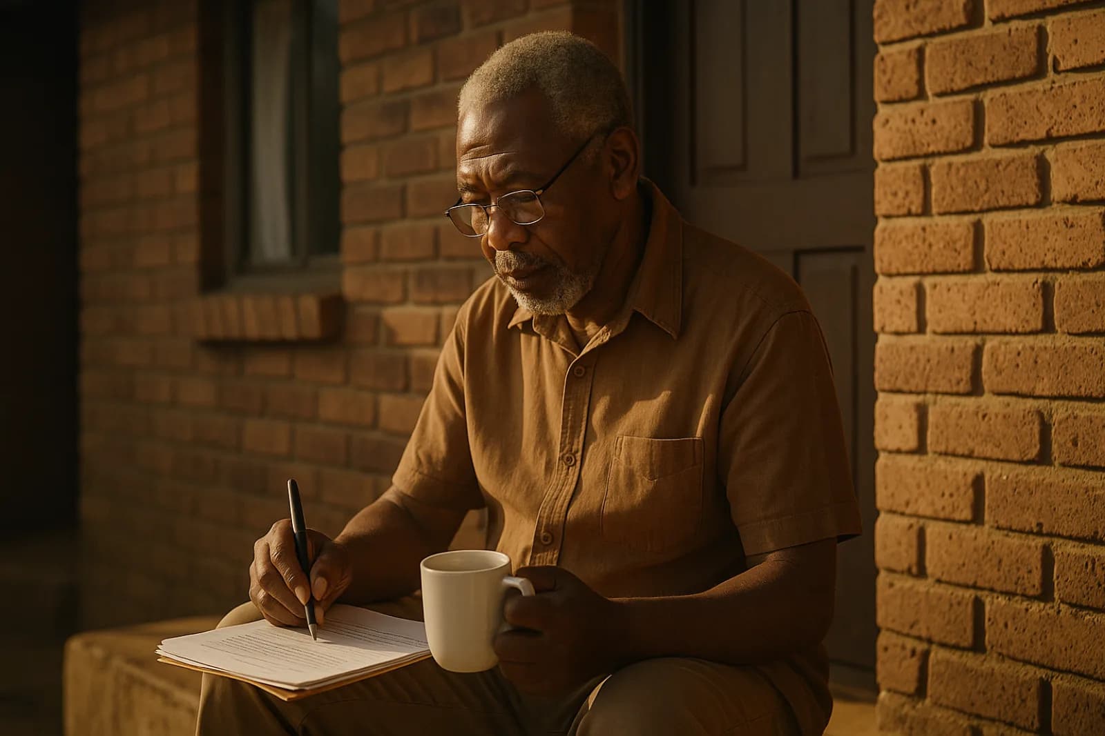 Older man with reading glasses on his stoep, reviewing a document with a pen and a cup of tea