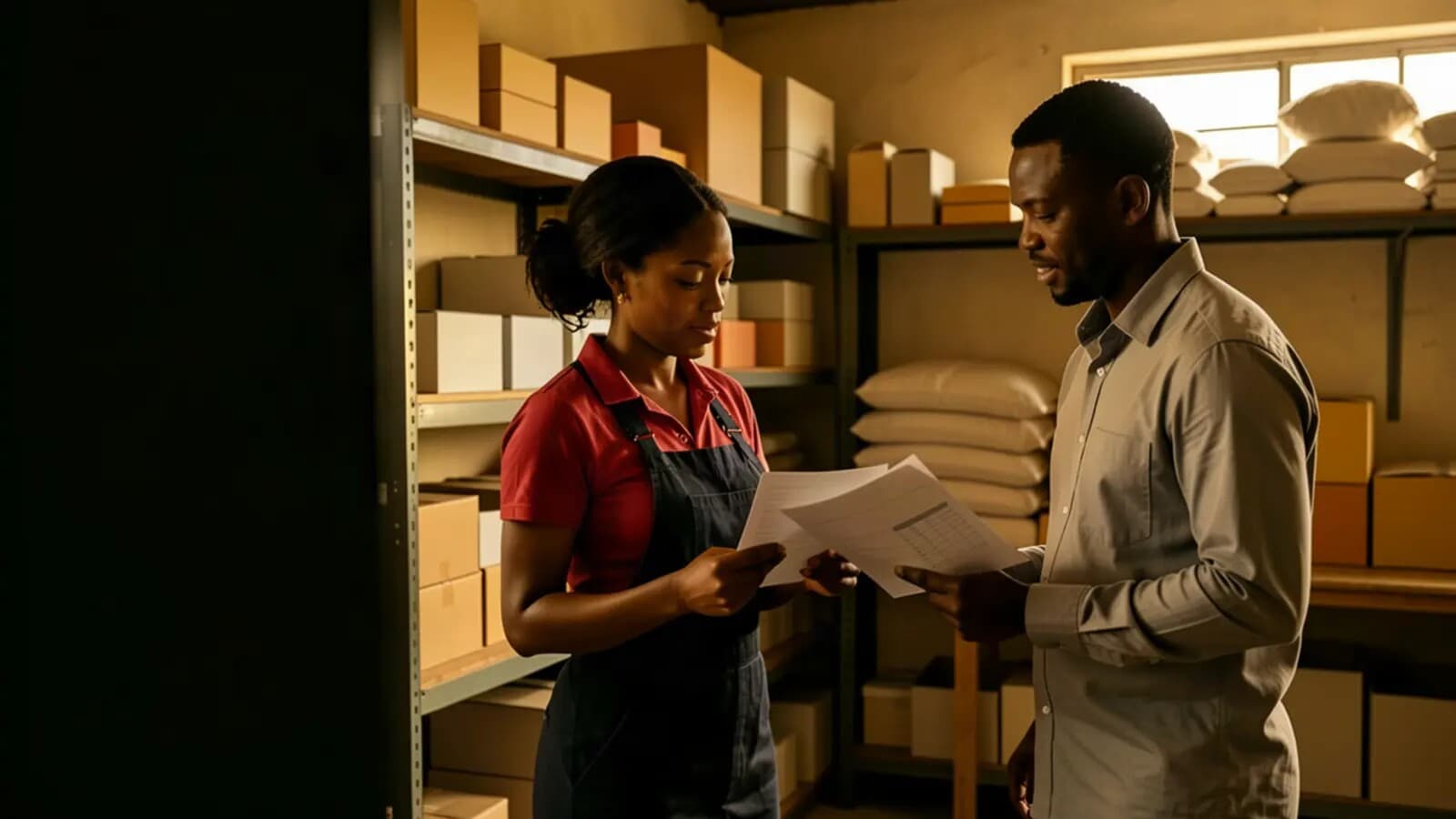 South African SME owner and colleague reviewing a purchase-order fulfilment plan in a working stockroom.