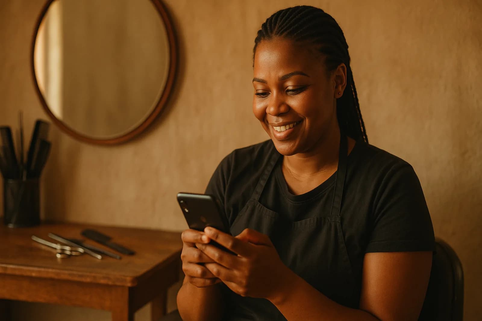 Hairdresser in her home salon between clients, checking her banking app on her phone