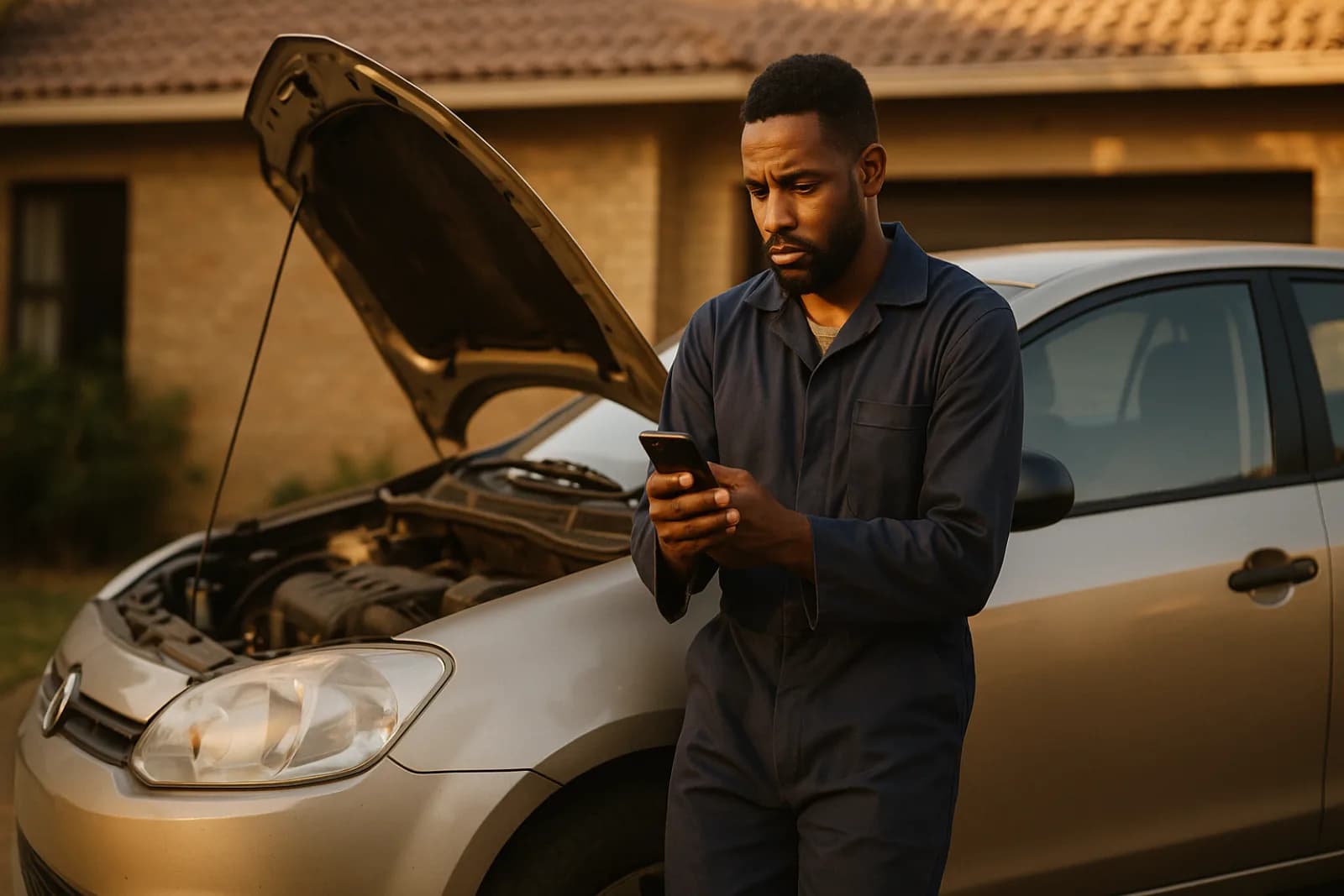 Man in work overalls beside his car with the bonnet open, checking his phone